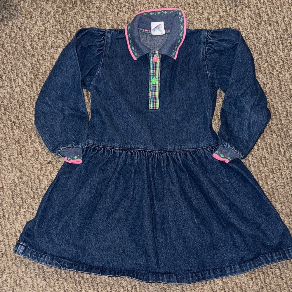 Oshkosh B’Gosh Vintage Denim Dress with Pink and Green Details Size 6